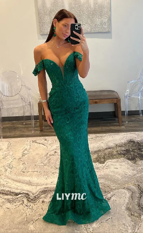 prom dresses for fallLP1080 - Off Shoulder Illusion V Neck Lace Mermaid Formal Prom Dress