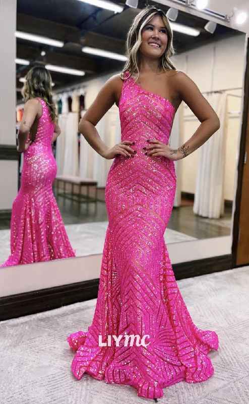 prom dress fitting adviceLP1082 - One Shoulder Fully Sequins Mermaid Long Formal Prom Dress