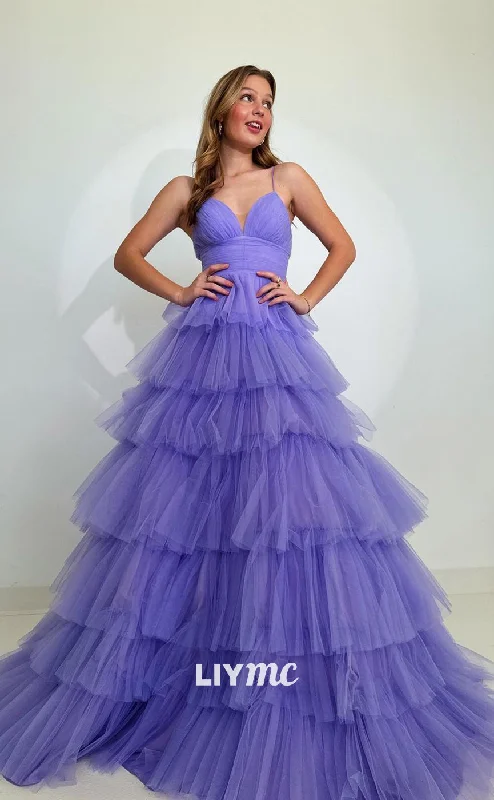 prom dresses for short girlsLP1095 - A Line V Neck Tulle Tiered Long Formal Prom Dress