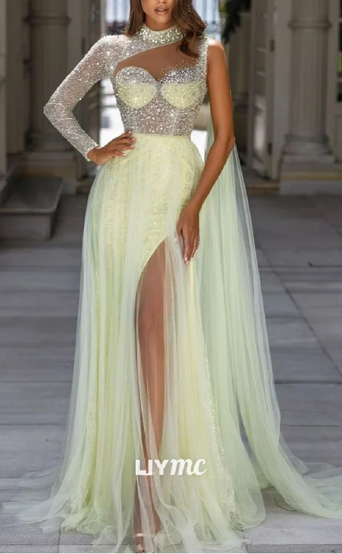 prom dress alterationsLP1100 - A Line High Neckline Long Sleeves Beads Formal Prom Dress with Slit