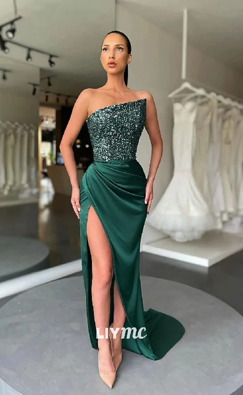 prom dress accessoriesLP1105 - Asymmetrical Satin Draped Mermaid Formal Prom Dress with Slit