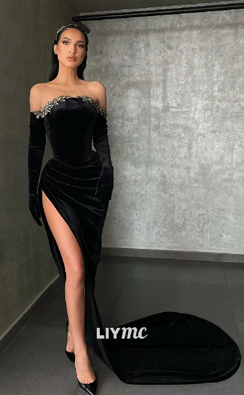 high-low prom dressesLP1114 - Off Shoulder Beads Black Velvet Ruched Long Sleeves Mermiad Formal Prom Dress