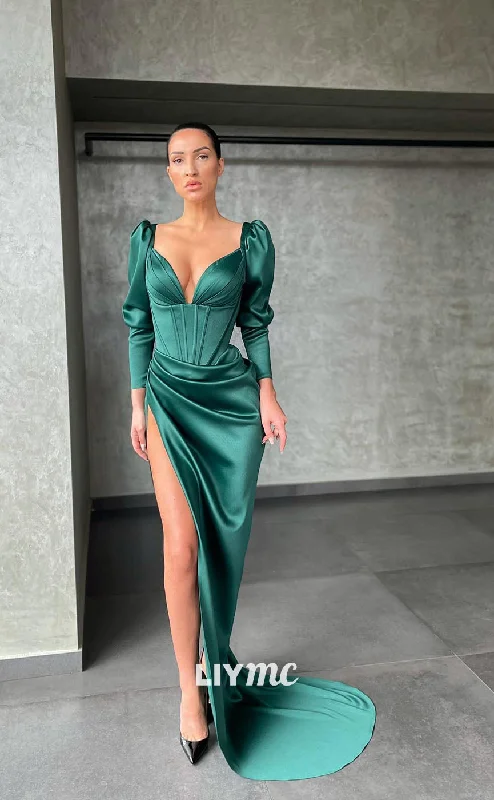 ball gown prom dressesLP1118 - Sexy V Neck Satin Ruched Long Sleeves Elegant Formal Prom Dress with Slit