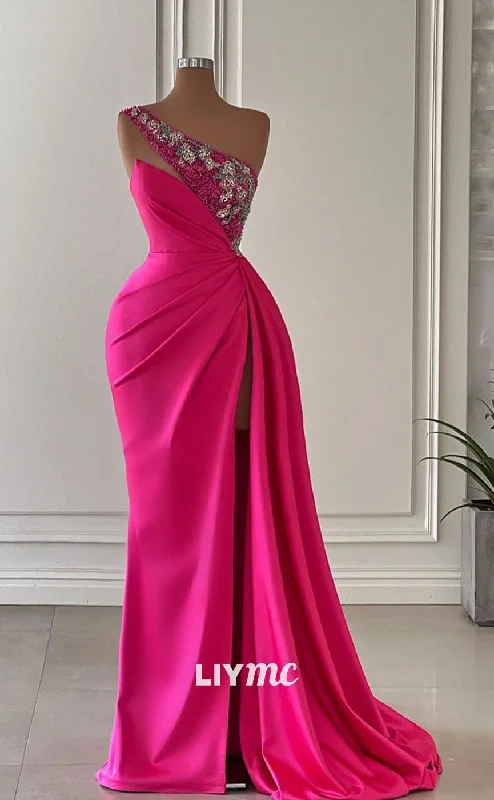 bespoke prom dressesLP1122 - One Shoulder Satin Beads Long Formal Prom Dress with Slit