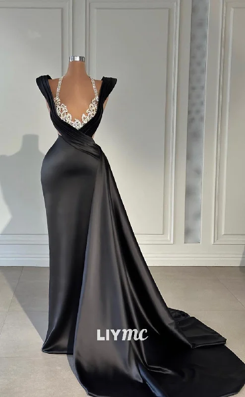 ready-to-wear prom dressesLP1124 - Illusion Deep V neck Beads Black Formal Prom Dress