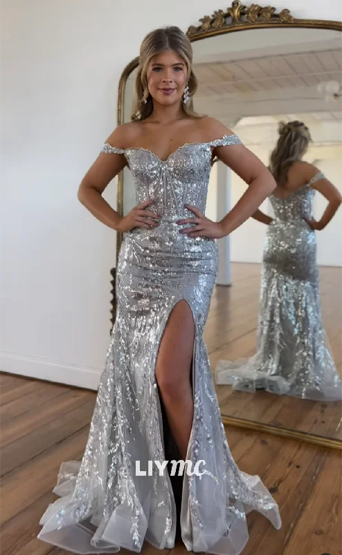 off-shoulder prom dressesLP1130 - Unique Off Shoulder Sequins Lace Mermaid Prom Dress with Slit