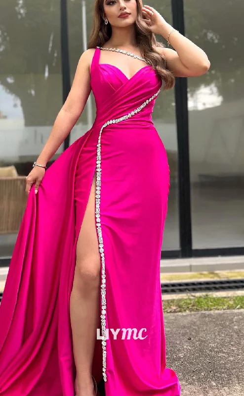 prom dresses with illusion panelsLP2169 - V-Neck Straps Pleated Beaded High Slit Satin Prom Dress