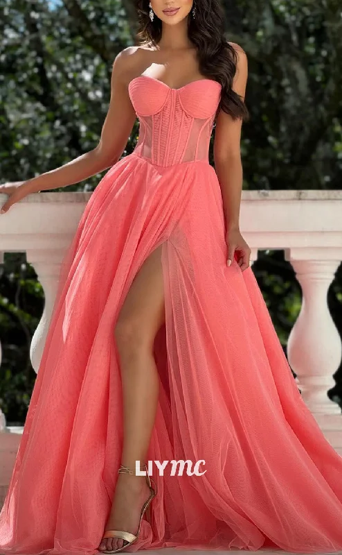 prom dresses with floral embroideryLP2171 - Sweetheart Sleeveless Sheer High Slit Tulle Ball Gown A-Line Prom Dress