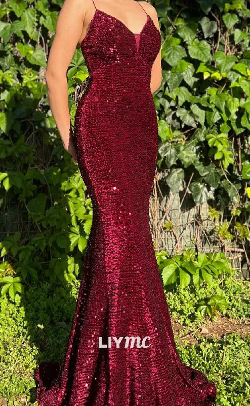 prom dresses with trainsLP2174 - V-Neck Spaghetti Straps Sequins Sparkly Mermaid Prom Dress