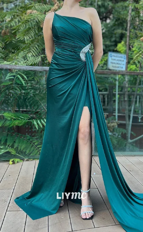 illusion neckline prom dressesLP2176 - Asymmetrical Sleeveless Pleated Ruched Satin High Slit Prom Dress