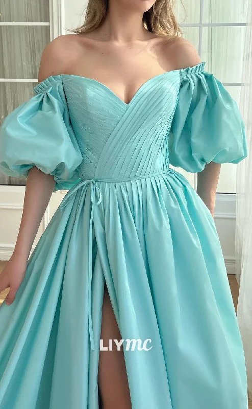 flutter sleeve prom dressesLP2188 - Off-Shoulder Puff Sleeves High Slit A-Line Prom Dress