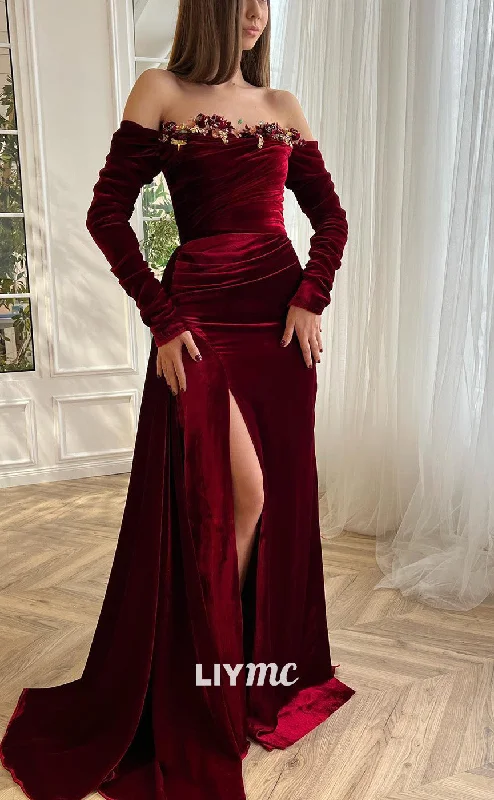 long prom dressesLP2191 - Off-Shoulder Long Sleeves Sheath High Slit Prom Dress