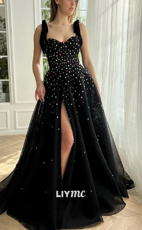 short prom dressesLP2192 - V-Neck Sleeveless Beaded High Slit A-Line Prom Dress