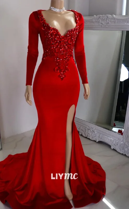 affordable prom dressesLP2213 - V-Neck Long Sleeves Beaded High Slit Sleek Prom Dress for Black Girls