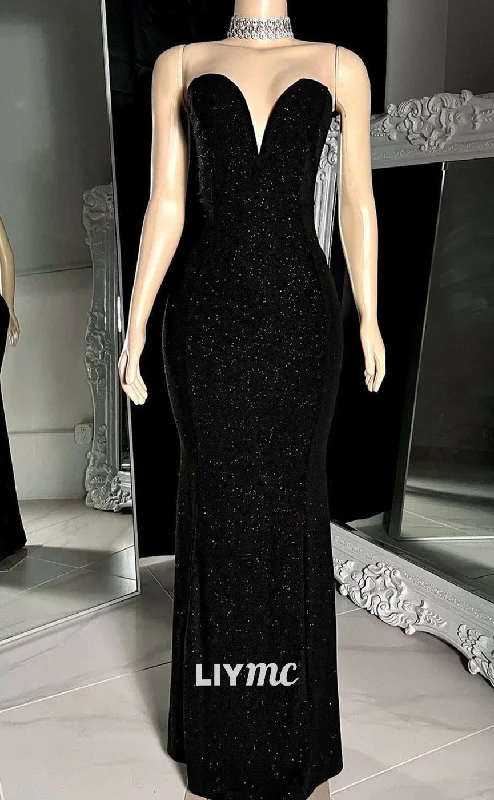 sleeveless prom dressesLP2219 - V-Neck Sleeveless Beaded Black Mermaid Floor-Length Prom Dress