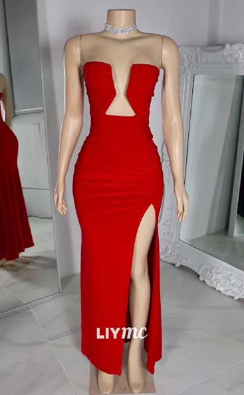 long prom dressesLP2222 - V-Neck Cut Outs Sleeveless High Slit Sleek Prom Dress