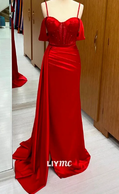 long prom dressesLP2246 - Spaghetti Straps Sweetheart Appliques Pleated Sheath Prom Dress Cocktail Dress