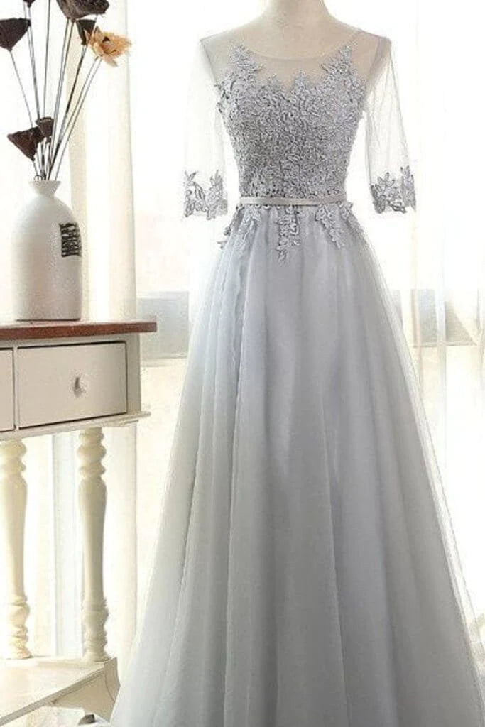 prom dresses for curve-hugging figuresElegant Prom Dresses A-Line Scoop Floor-Length Tulle 3/4 Sleeves With Appliques