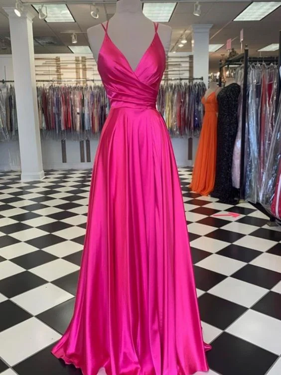 prom dresses for plus-size figuresFuchsia A-Line Elastic Satin Ruched Bodice Long V-Neck Prom Dresses     S835