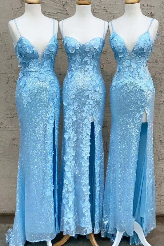 prom dresses with trainsGlitter Sky Blue Sequins Long Prom Dress with Flower Appliques      S1046