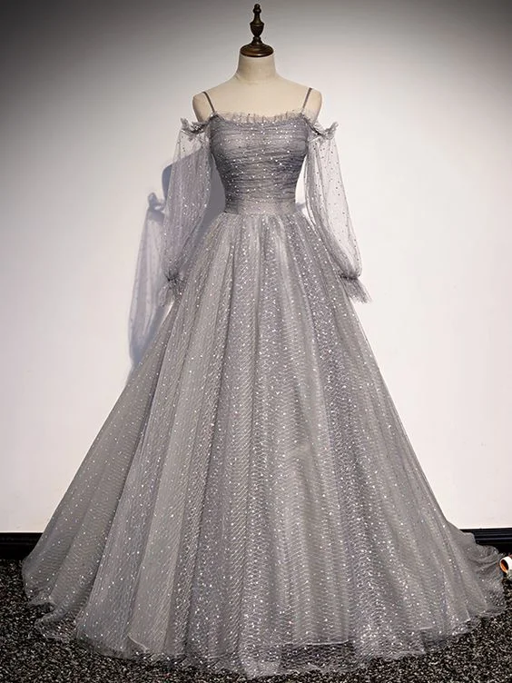 prom dresses with built-in petticoatsGray Long Sleeve Sequins Prom Dress     S1040