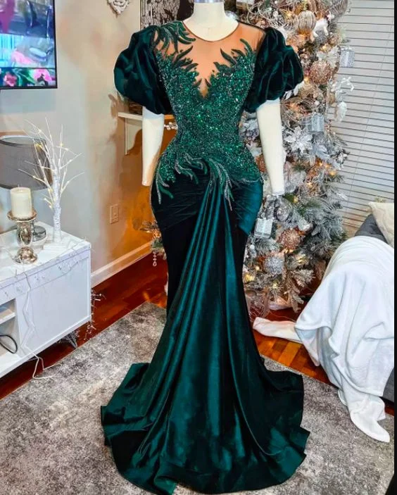 modern prom dressesGreen prom dresses, sequins prom dresses, mermaid prom dresses, short sleeve prom dresses    S1165