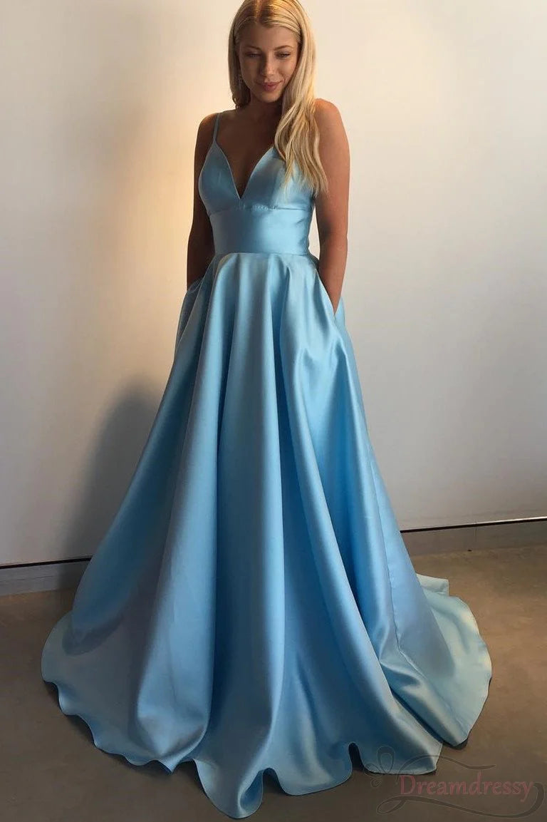 high-low prom dressesLight Blue A-line Spaghetti Straps Long Prom Dresses With Pocket