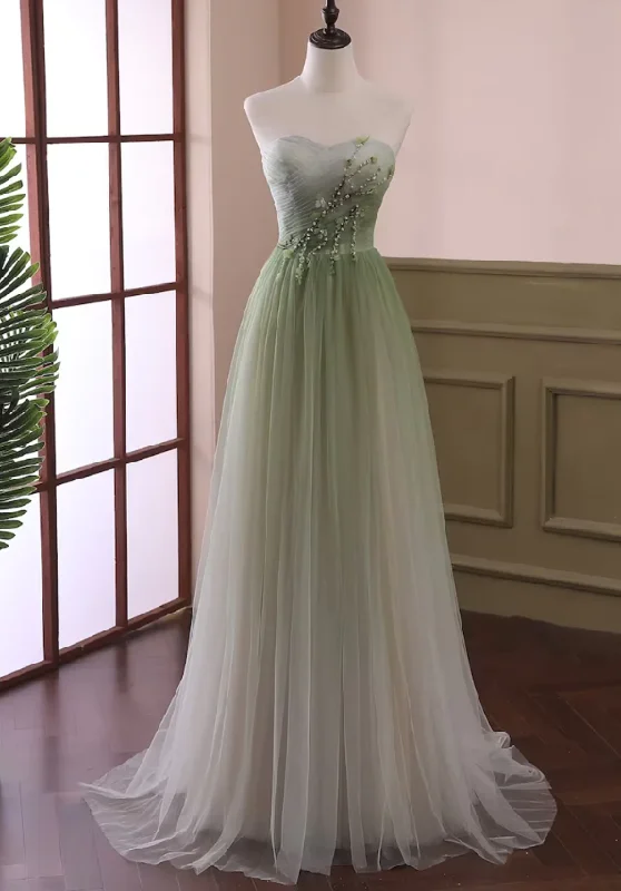 prom dresses for apple shapesLight Green Gradient Tulle Long Formal Dress, Green Beaded Sweetheart Prom Dresses      S1038