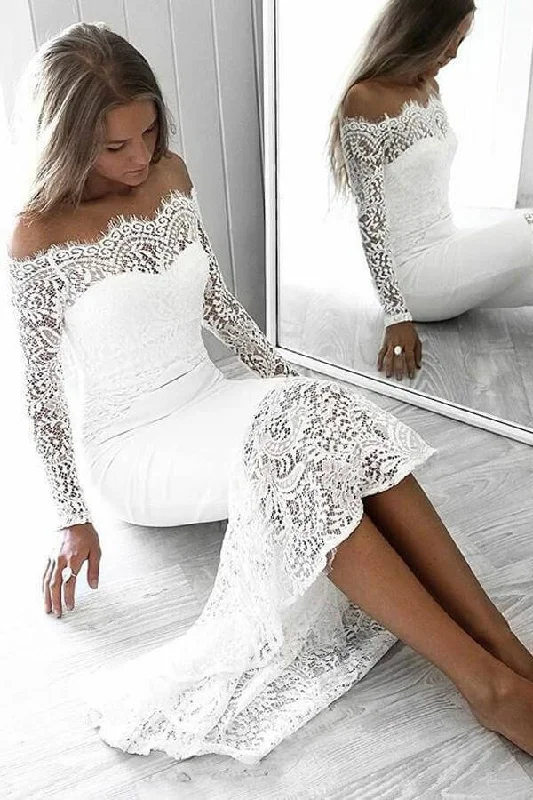 beaded prom dressesLong Sleeve Lace Appliques Sheath White Prom Dresses Off the Shoulder