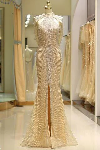 prom dress accessoriesMermaid High Neck Floor Length Split Gold Prom Dresses with Sequins Beading