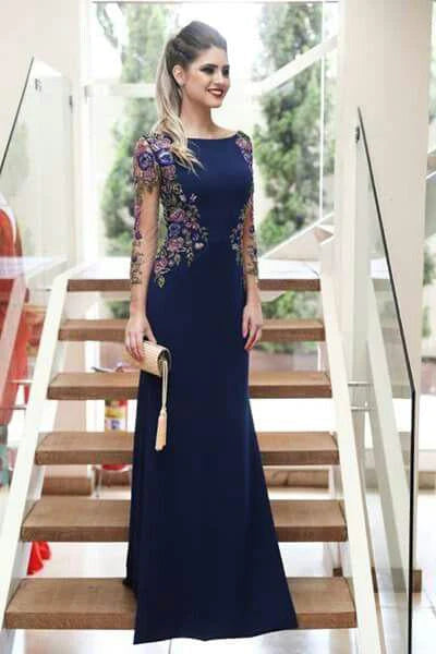 off-the-shoulder prom dressesMermaid Long Sleeves Navy Blue Scoop Prom Dresses Long Formal Dresses