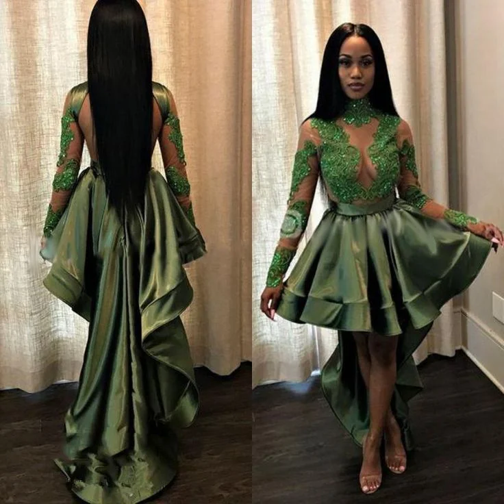 beaded prom dressesNew Arrival A Line Green Backless Long Sleeves High Low Short See Through Prom Dress With Appliques    S935