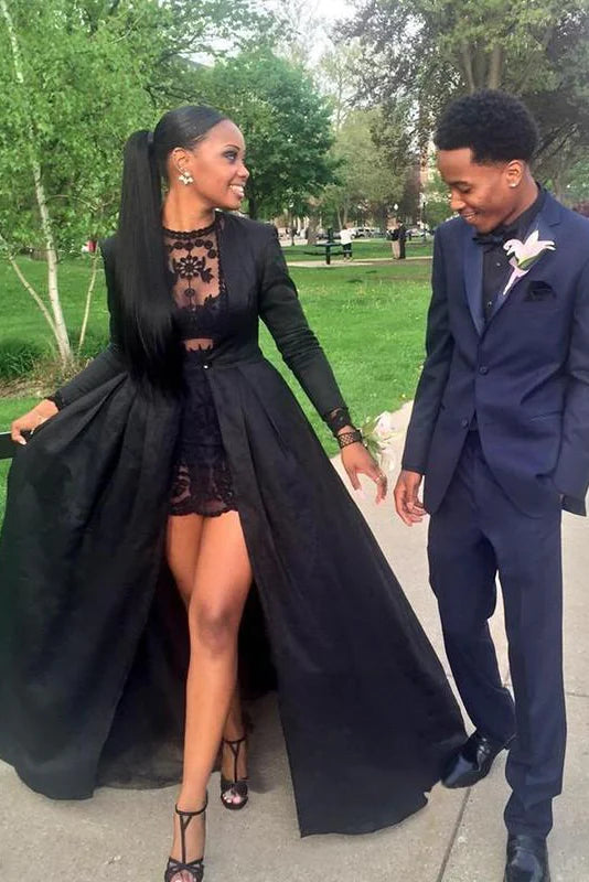 flutter sleeve prom dressesNew Style Vintage Long Sleeve Sexy Black A-Line Lace High Neck Prom Dresses