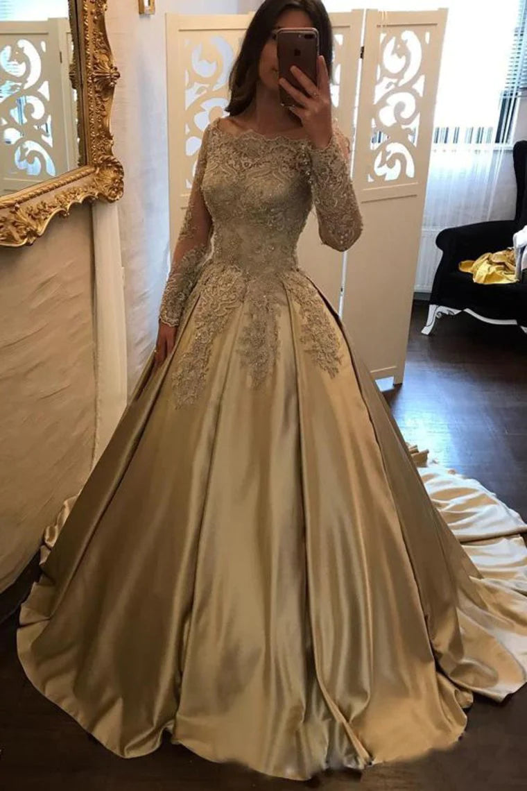 vintage prom dressesOff The Shoulder Long Sleeves Satin Ball Gown Prom Dresses With Applique Sweep Train