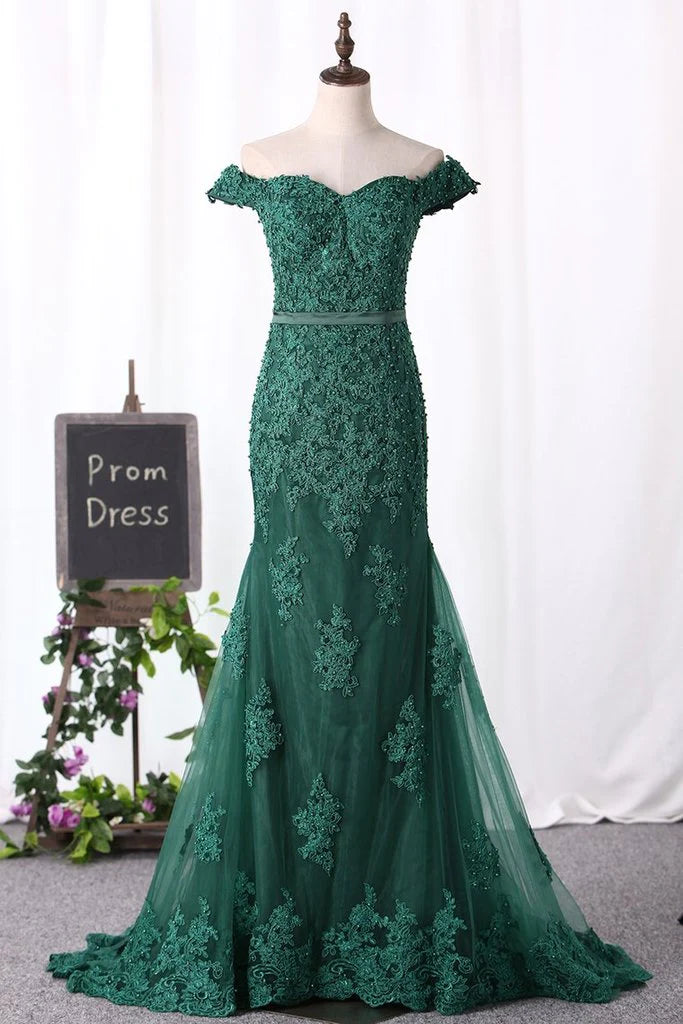 prom dresses with beaded accentsOff The Shoulder Prom Dresses Mermaid Tulle With Applique And Beadings Covered Button