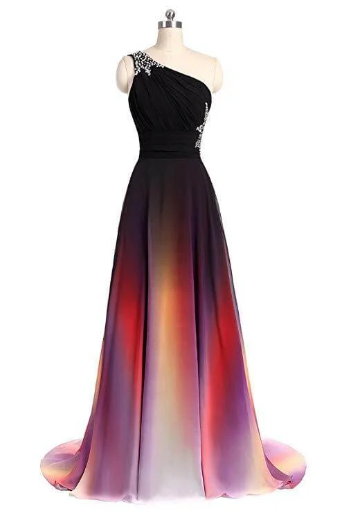 prom dresses with sequin detailingOne Shoulder Ombre Chiffon Prom Dresses Lace up A Line Beads Ruffles Prom Gowns