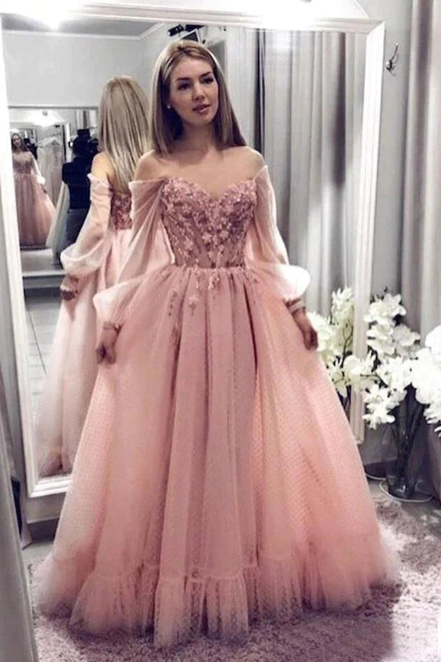 petite prom dressesPrincess Ball Gown Blush Pink Lace Off the Shoulder Prom Dresses With Long Sleeves