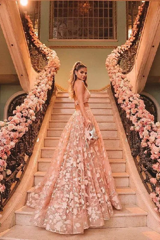 ball gown prom dressesPrincess Halter Backless Pink Lace Prom Dresses Appliques With Two Piece Floral Formal Dress