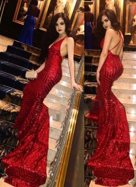 open-back prom dressesRed Mermaid Deep V-Neck Backless Prom Dresses With Criss-Cross Straps     S1065