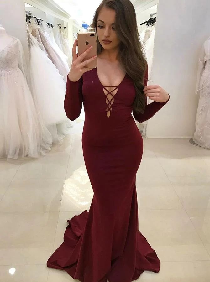 high-slit prom dressesSatin Fabulous Black Halter Deep V-neck Long Sleeve Sexy Prom Dresses