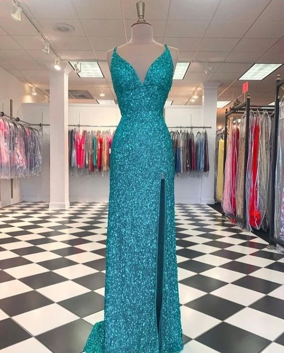 lace-up prom dressesSequin Long Formal Dress, V Neck Prom Dresses      S1063