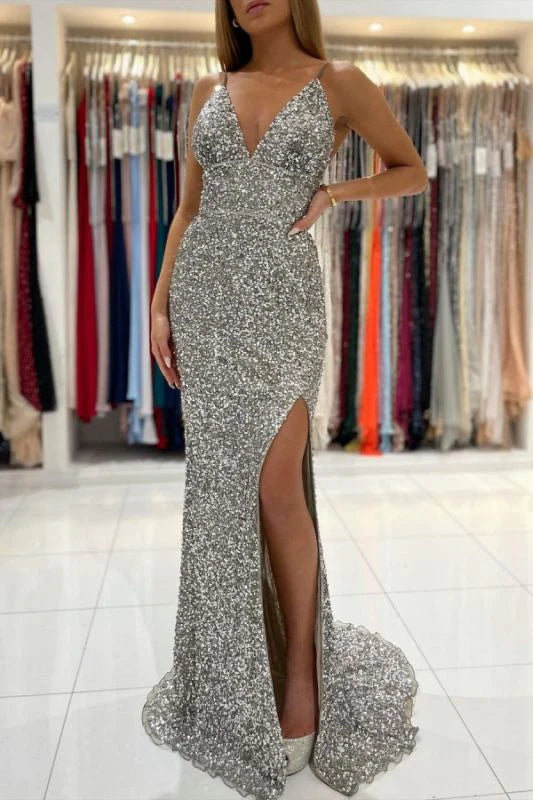 prom dresses for summerSexy Memraid V Neck Spaghetti Straps Backless Prom Dresses Sequins Long