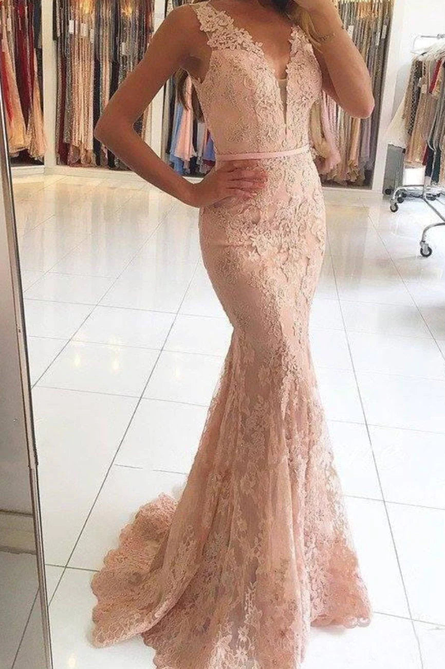 prom dresses for hourglass figuresSexy Mermaid Lace Appliques V Neck Beads Sleeveless Long Prom Dresses