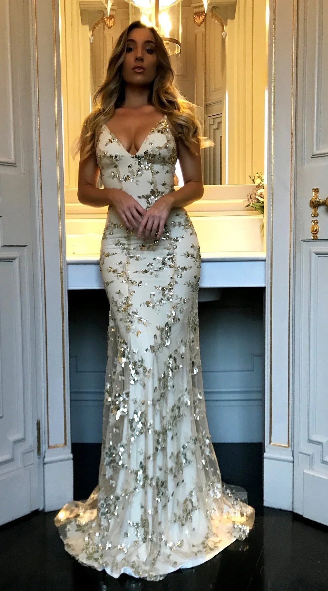 silk prom dressesSparkly Mermaid Open Back Sequin Shiny Sheath Long Champagne Prom Dresses