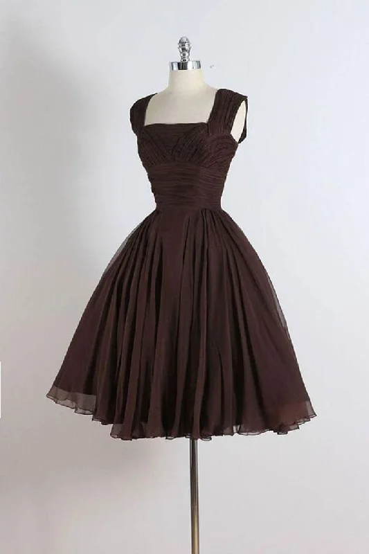 illusion sleeve prom dressesUnique chiffon retro short dark brown prom dress, short cocktail dress    S924